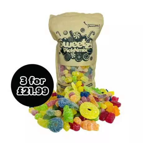 A brown bag of rainbow vegan sweets with a 3 for £21.99 sticker over the image.